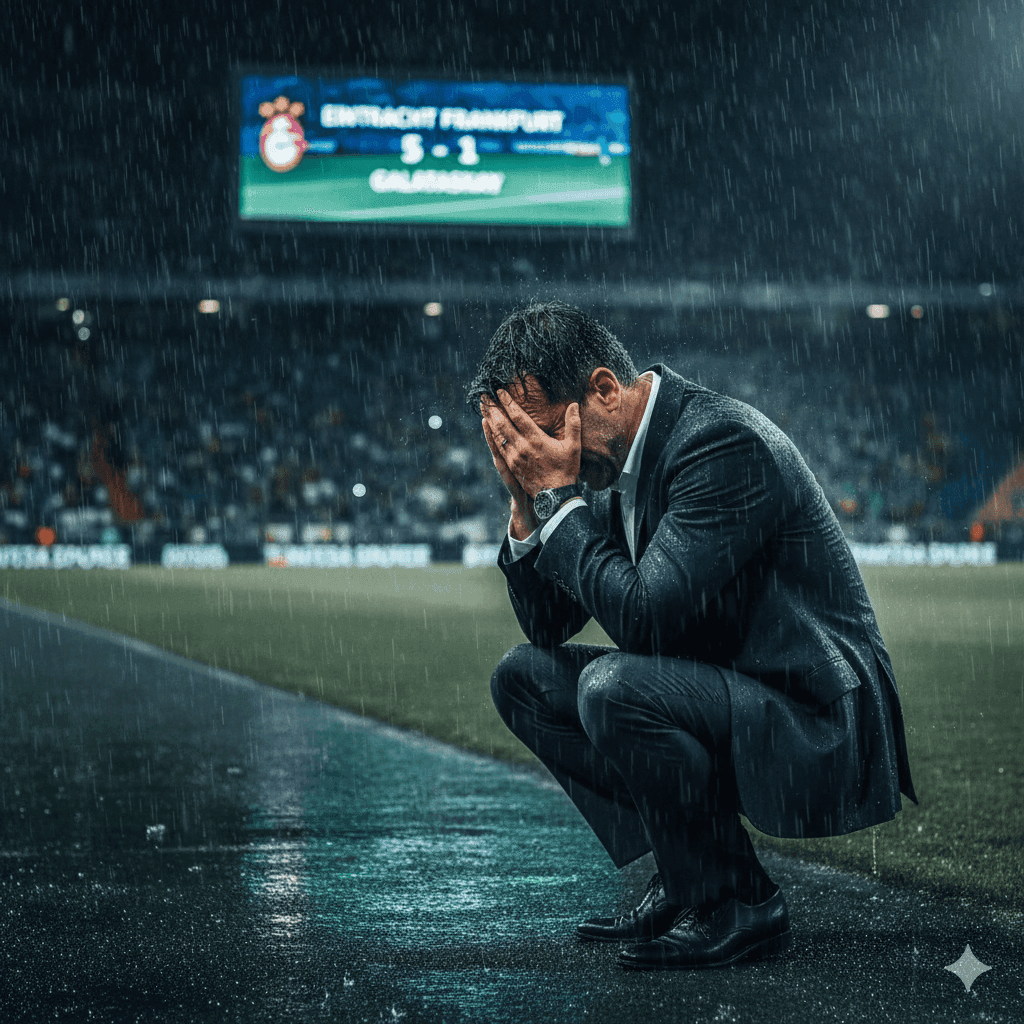 Teknik direktör Okan Buruk, yağmurlu bir gecede saha kenarında yere çökmüş, başını ellerinin arasına alarak üzüntü yaşıyor. Arka plandaki skor tabelasında Eintracht Frankfurt 5 - 1 Galatasaray yazıyor.